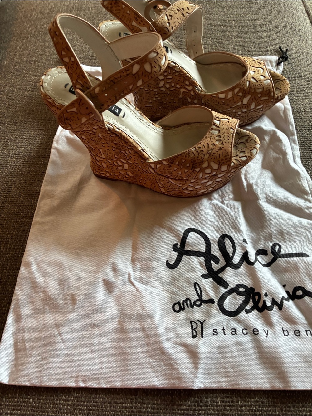 Alice + Olivia Tan Laser-Cut Slingback Wedge Sandals